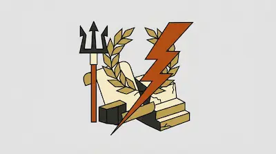A black trident, a gold laurel wreath, and an orange lightning bolt arranged over broken stone steps.