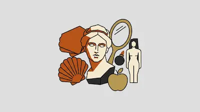 Flat illustration of a classical bust, a hand mirror, a seashell, and an apple in a minimalist graphic style.