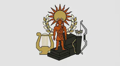 A stylized male figure stands on a pedestal, flanked by a lyre and a bow with arrows, with a sun and laurel wreath in the background.