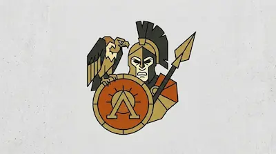 Ares in a plumed helmet wielding a spear, with a vulture perched on his round shield in bold geometric style.