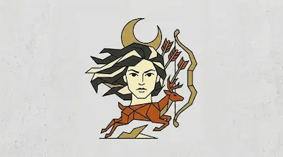 Artemis with windswept hair beneath a crescent moon, a golden bow with arrows, and a leaping deer in geometric style.