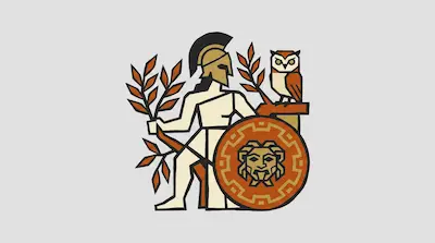 A stylized figure in a helmet holds an olive branch next to an owl and a round shield with a face.