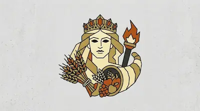 Demeter, crowned and holding a flaming torch, with a sheaf of wheat and a cornucopia overflowing with fruit.