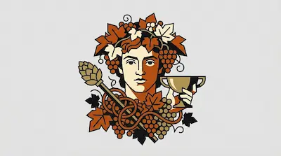 Dionysus crowned with grape clusters and ivy leaves, holding a wine cup and a thyrsus wrapped in vines.
