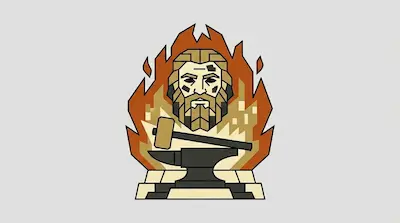 Hephaestus with a soot-marked bearded face, a blacksmith's hammer resting on an anvil, framed by blazing forge flames.
