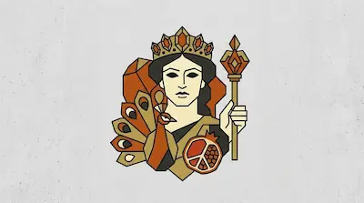 Hera, crowned and holding a scepter, beside her sacred peacock and a halved pomegranate.
