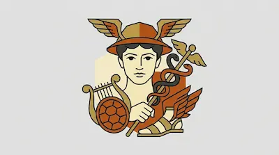 Hermes wearing a winged petasos hat, holding a caduceus with twin snakes, beside a tortoise shell lyre and winged sandals.