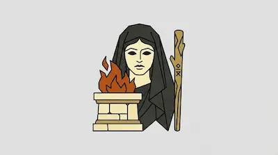 Hestia, veiled and serene, holding a carved staff beside a stone hearth with a blazing flame.