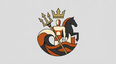 A stylized man holding a trident stands next to a horse amidst ocean waves, with a crown floating above his head.