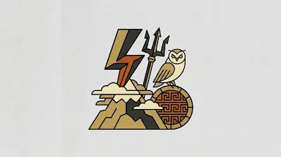 A thunderbolt, a trident, an owl perched on a Greek key shield, and a cloud-topped mountain peak in bold geometric style.