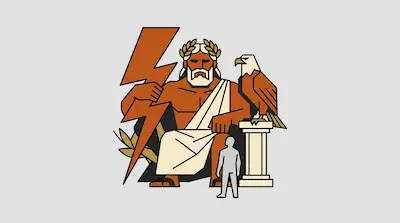A large bearded man in a white robe holds a lightning bolt next to an eagle on a pedestal, with a tiny person standing at his feet.