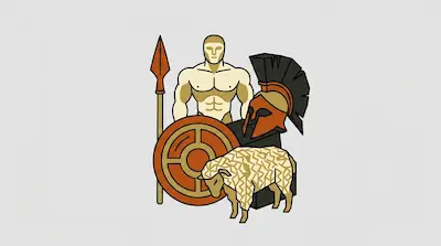 A muscular man stands behind a round shield and spear, next to a crested helmet and a sheep with a geometric pattern.