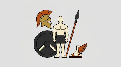 A human figure surrounded by a crested helmet, a round shield, a spear, and a winged sandal.