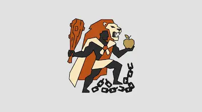 A stylized figure with a lion's head holds a wooden club and a golden apple while standing over broken chains.