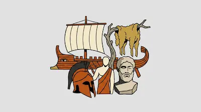 Flat illustration of a Greek trireme, a golden fleece, a spartan helmet, and a stone bust on a gray background