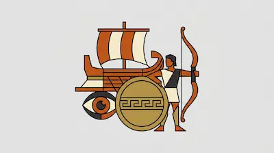 An ancient Greek ship, an archer, a round shield with a meander pattern, and a large eye in a geometric style.