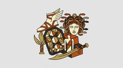 A graphic composition of a head with snakes for hair, a winged sandal, a geometric shield, and a curved sword.