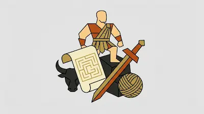 A man in a tunic stands behind a bull's head, a scroll with a maze pattern, a large sword, and a ball of yarn.
