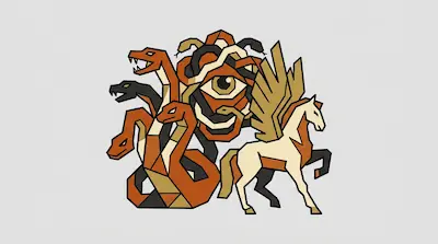 A winged horse stands beside a cluster of snakes and a large central eye in a geometric art style.