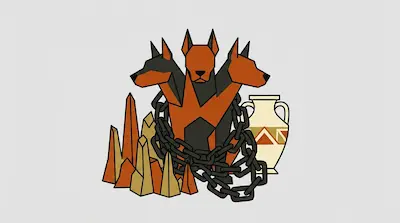 A geometric orange and black three-headed dog wrapped in heavy chains, positioned between jagged rock formations and a white amphora.