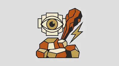 A stylized eye in a geometric frame sits above a pile of rocks, next to a jagged stone club and a lightning bolt.