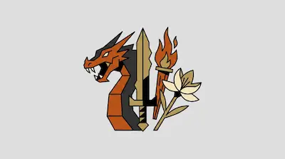 A geometric dragon head, sword, torch, and flower are grouped together.