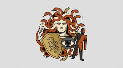 A stylized head with snakes for hair, a gold shield with a snake emblem, a large eye, and a human figure.