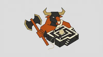 A stylized minotaur holding a double-headed axe stands behind a small stone maze with a ball of yarn in its center.