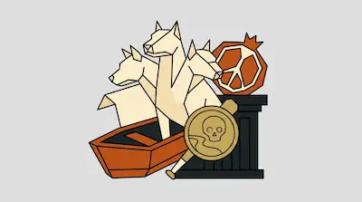 A geometric three-headed dog stands in a boat next to a pomegranate, a gold coin with a skull, and a black pillar.