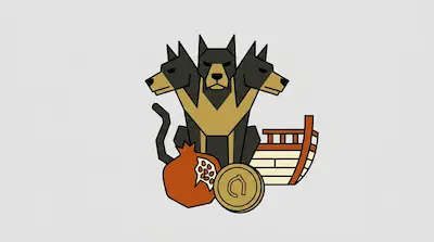 A stylized three-headed dog sits behind a pomegranate, a gold coin, and a wooden ship.