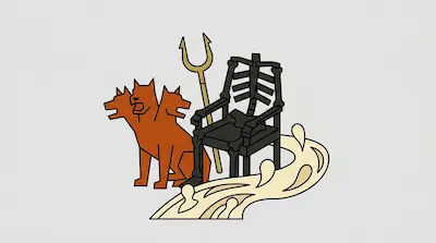 An orange three-headed dog sits next to a black chair made of bones and a golden two-pronged spear, with a tan river flowing in the foreground.