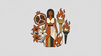 A figure stands surrounded by a sliced pomegranate, lilies, two lit torches, and crystals.