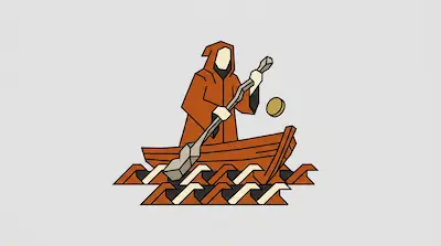 A hooded figure in an orange robe stands in a wooden boat on stylized waves, holding an oar with a gold coin floating nearby.
