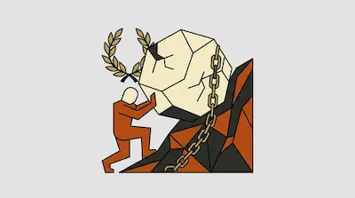 A stylized orange figure pushes a large, cracked geometric boulder up a jagged hill. A gold chain wraps around the boulder and hill, and a laurel wreath is positioned above the figure.
