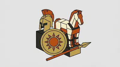 A geometric Greek helmet, a blocky horse, a round shield with a sunburst, and a spear.