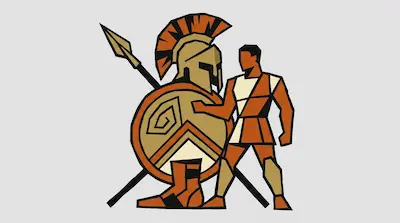 A man in a tunic stands next to a round shield, a plumed helmet, and a spear.