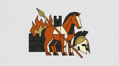 A geometric brown horse stands in front of a burning stone wall, with a long spear and a crested helmet nearby.