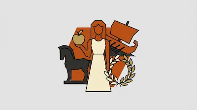A woman in a white dress holds a golden apple, flanked by a horse statue, a ship, and a laurel wreath.
