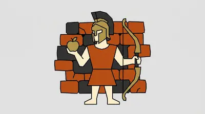 A stylized warrior in a golden helmet and orange tunic holds a golden apple and a bow in front of a brick wall.