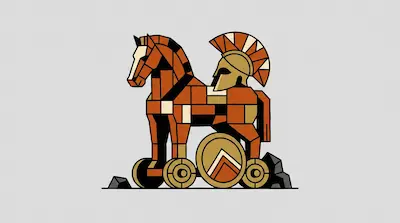 A stylized, geometric horse on wheels made of brown and tan blocks, featuring a plumed helmet on its back and a circular shield on its side.