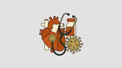 A human heart, a stethoscope, a medicine bottle, and a virus particle.