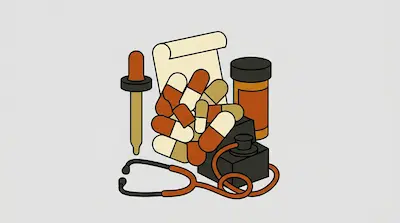 A collection of medical items including a stethoscope, a pile of capsules, a pill bottle, and a dropper.