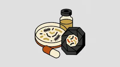 A petri dish and microscope lens showing microbes next to a vial of liquid and a capsule pill.