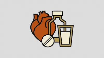 A stylized heart, a medicine bottle, a pill, and a glass of liquid.