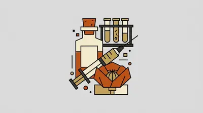 A corked bottle, three test tubes in a rack, a syringe, and an open flower with a seed pod at its center.
