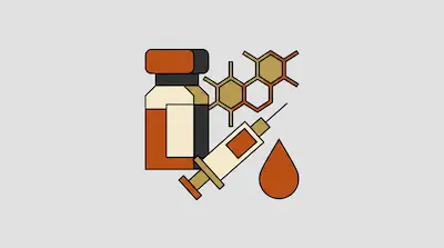 A medicine vial, a syringe, a chemical structure, and a drop of liquid in shades of orange and beige.