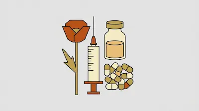 A poppy flower, a syringe, a vial, and a pile of capsules.