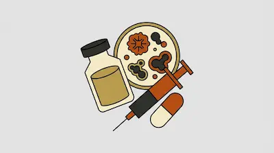 A vial, a petri dish with microbial cultures, a syringe, and a capsule pill.