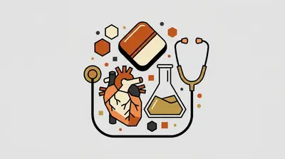 A tablet, an anatomical heart, a laboratory flask with amber liquid, and a stethoscope surrounded by small scattered shapes.