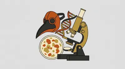 A plague doctor mask, a DNA double helix, a microscope, and a petri dish are grouped together in a stylized arrangement.